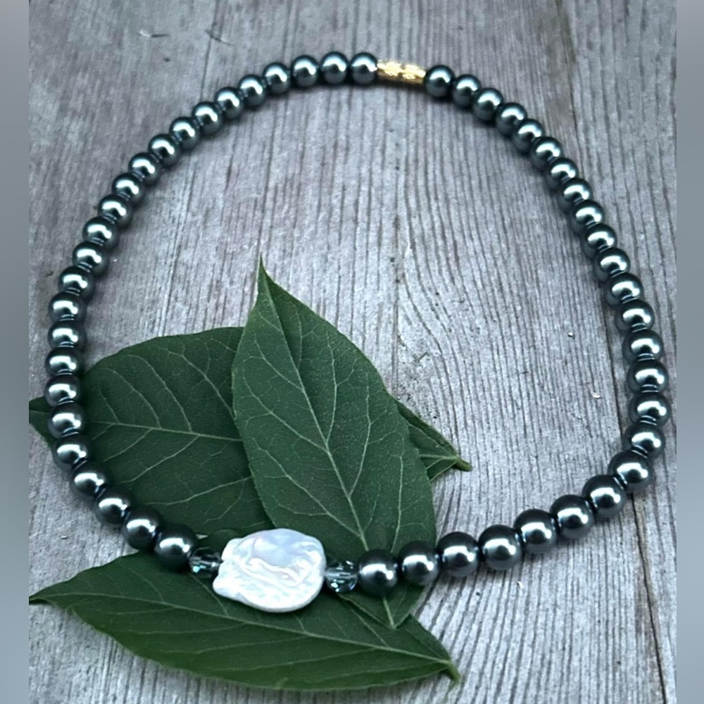 Handmade Glass Black pearl beads with Genuine Baroque Pearl & Swarovski crystal